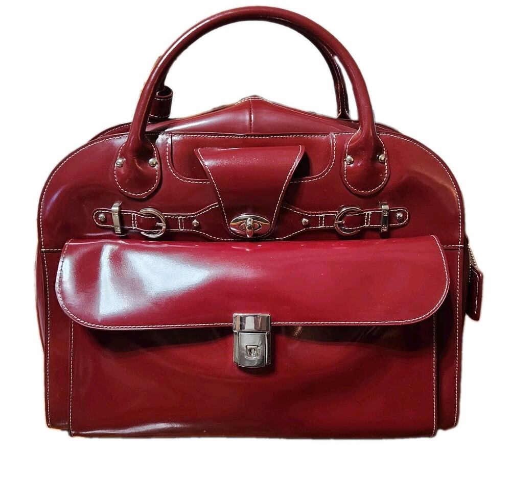 McKlein Red Leather Rolling Bag Laptop Briefcase Travel Career Business